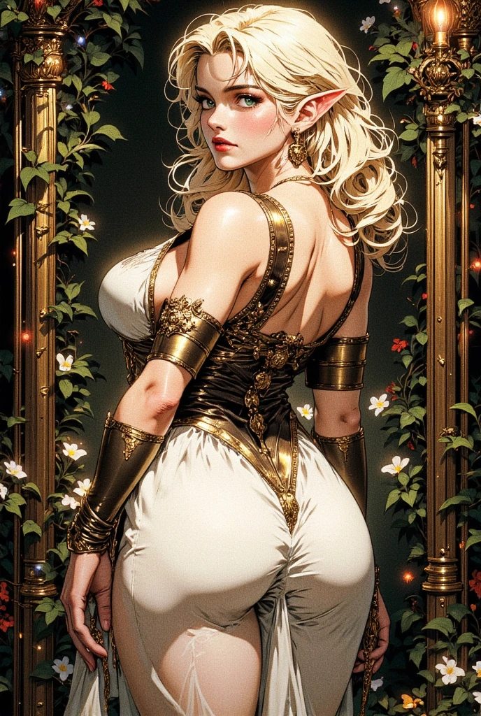 ((Detailed face)),((Mucha's style)),(vulgar),(portrait),((African woman)),Tits that are too big,blond hair,pompadour,((addiction to sex))((light-armed man warrior)), half sticking out of clothes,(high position:1.6)