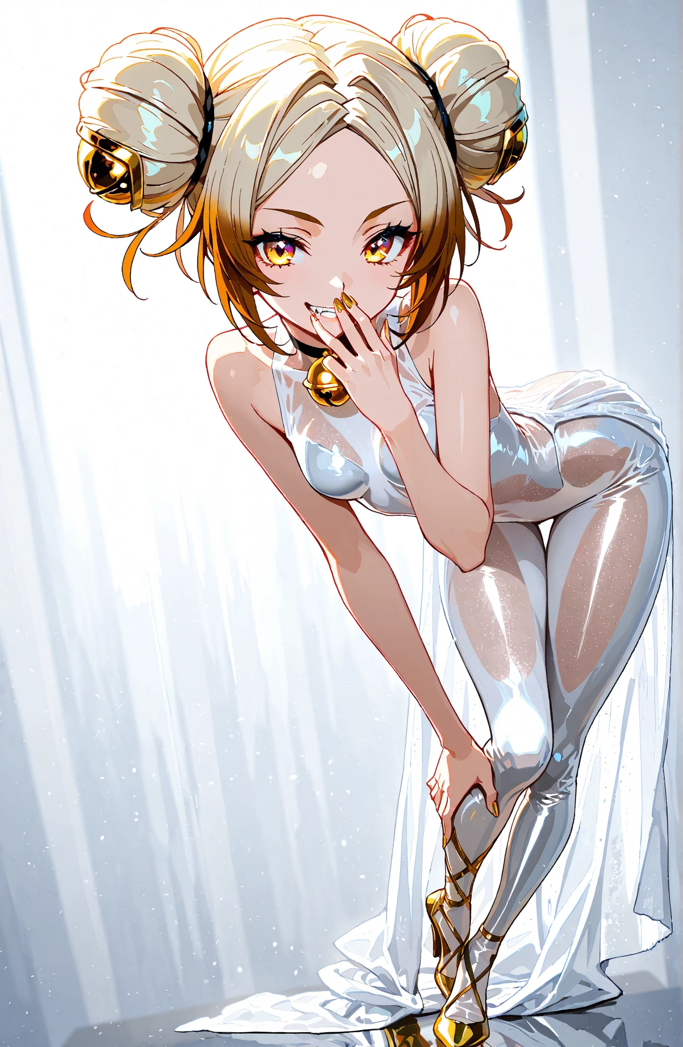 Masterpiece, sksrin,a beautiful urban female model, white transparent clothes under empty night stars, disappearing transparent strapless leotard, facial details, detailed body part details, 8k wallpaper, tight, looking at viewer, short hair, sweating, Hoshizora rin, gold,moist, glowing eyes, cowboy shot, embarrassed pose, tiara