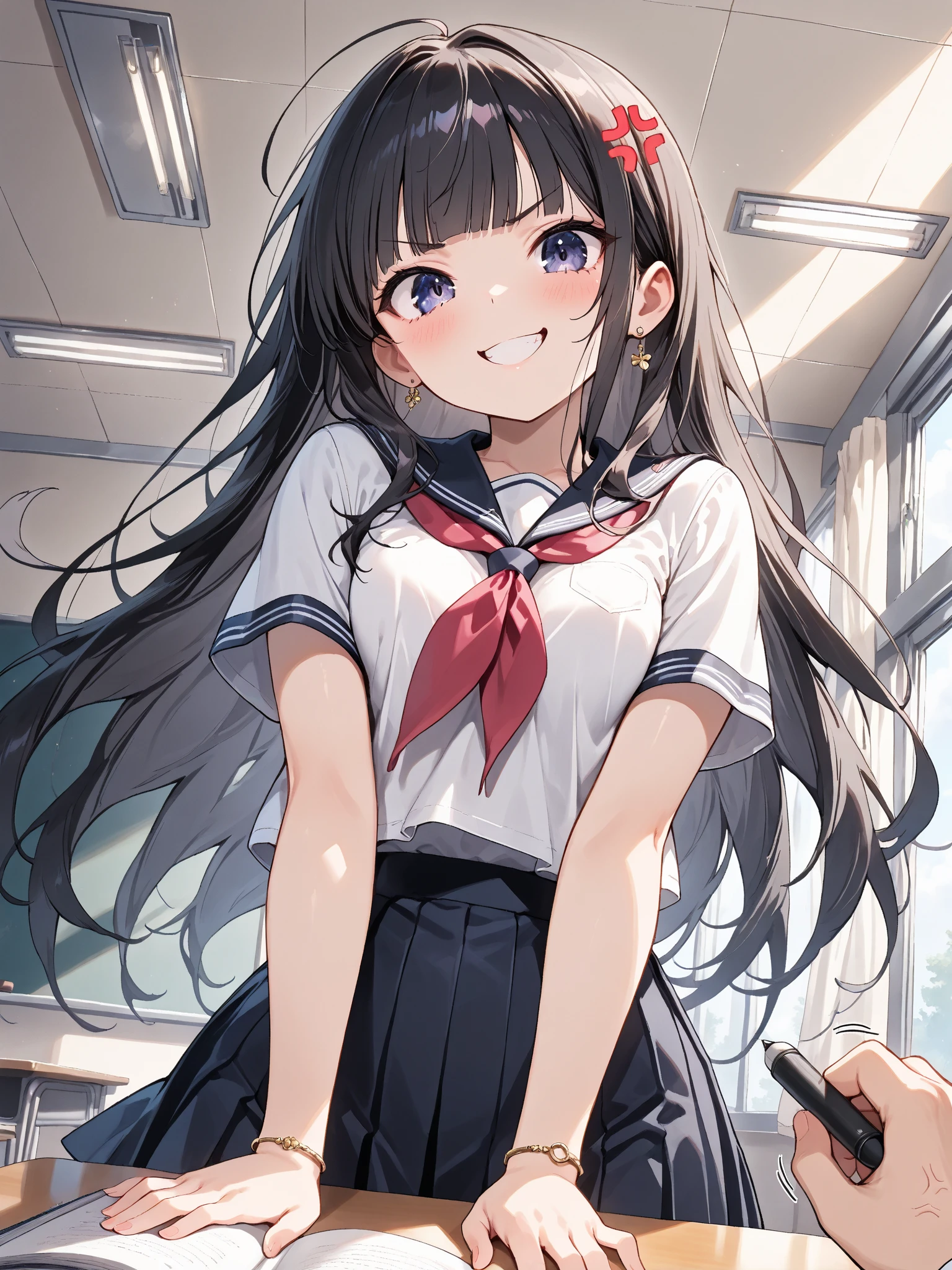 masterpiece,best quality,cute girl,black hair,long hair,black eyes,smile,school uniform,in classroom
