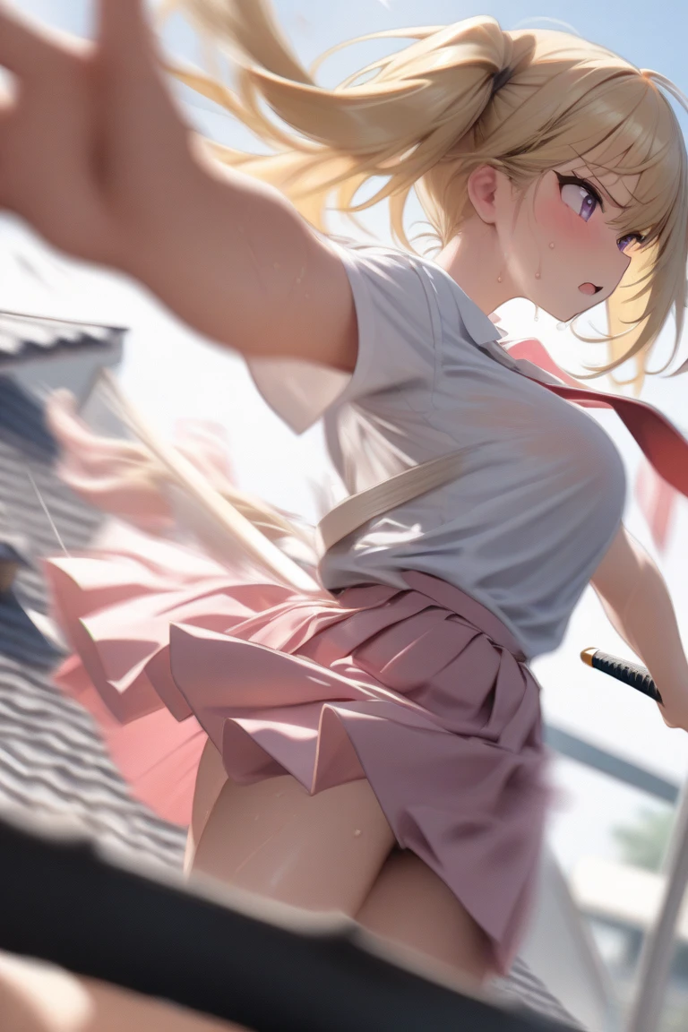 (masterpiece, best quality, high resolution), (Anna Tanaka), blonde schoolgirl in tank top and mini skirt, white ultra-thin panties, one girl, nsfw, ass, from below, looking down at me, sweaty, back view, up skirt