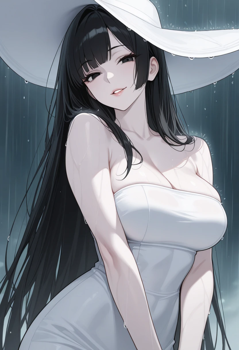 White woman, Black hair, Giant White hat, Red eyes, Thick body, Huge breasts, Big boobs, Big ass, Tall, White dress, Anime style, Ghost aura, sexy body