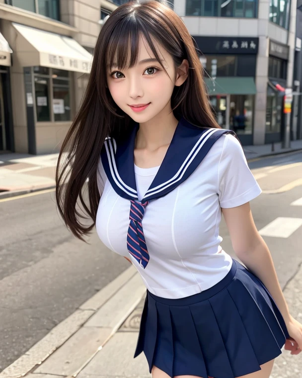 ((top-quality、8K、masterpiece:1.3))、foco nítido:1.2、Beautiful Women in Perfect Style:1.4、Slender Abs:1.2、((dark brown hair、Colossal tits:1.2))、(natural soft light、City Street:1.1)、Highly detailed facial and skin texture、A detailed eye、二重まぶた、Sexy schoolgirl in miniskirt sailor suit、A slight smil