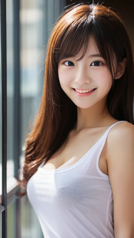 (masterpiece, Highest quality, High Resolution), Japanese women,Early teens、 One Girl, Idol cuteness:1.5, Beautiful Face:1.5、Beaver、Dark brown hair、 Laugh shyly、sense of cleanliness、Women's High , Carrying a student bag、solo, 青いSailor collar, Sailor collar, Seraphim, Blue Skirt, Short sleeve, Red ribbon,Beautiful big breasts, Esbian all over,On the way to school、walk、summer、Require、Sit on、Legs open to reveal underwear、