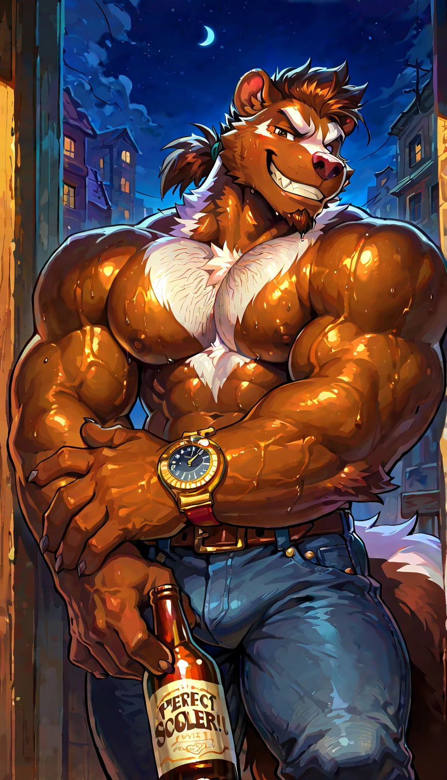 Bara, Solo, by Taran Fiddler, muscular male, mature age, middle-aged, furry male, canine, white fur, beard, shirtless, red boxers, clothing is slipping off waist ((bulge outline, dripping)), bulge, pulling up boxers , leaning against doorframe, body is against doorframe, standing inside, pov from outside, suburban neighborhood, detailed, detailed face, handsome face