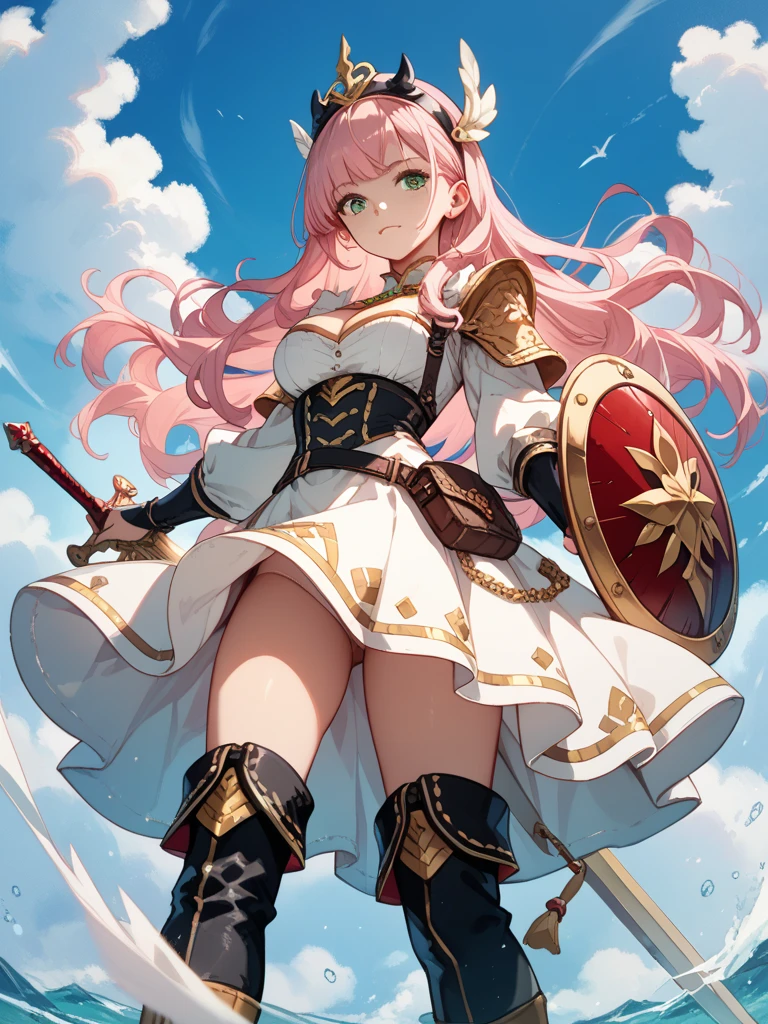 masterpiece, Highest quality, High resolution, hmpa1, pink, Parted bangs, tiara, Large Breasts, necklace, Exposing shoulders, Strapless Dress, Arm guard, belt, White Dress, White knee socks, Single knee socks, Outdoor, holding staff, staff, Hold a shield,Erotic
