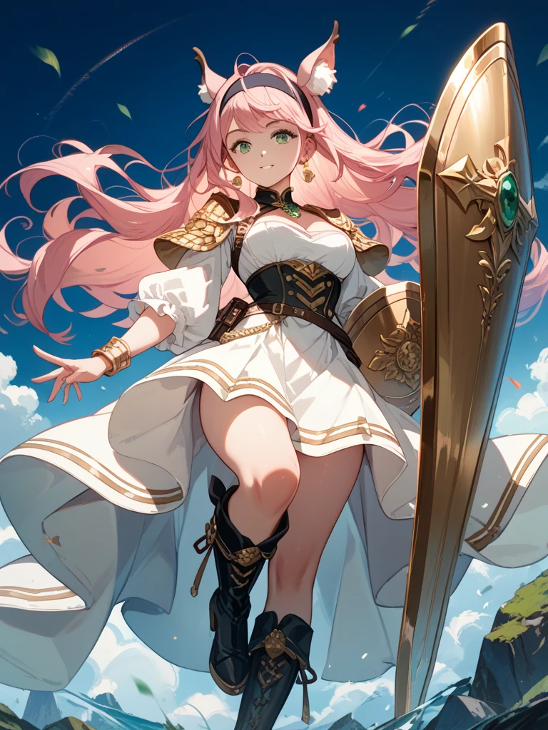 masterpiece, Highest quality, High resolution, hmpa1, pink, Parted bangs, tiara, Large Breasts, necklace, Exposing shoulders, Strapless Dress, Arm guard, belt, White Dress, White knee socks, Single knee socks, Outdoor, holding staff, staff, Hold a shield,Erotic