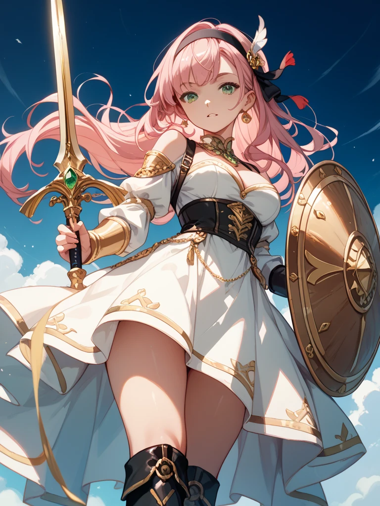 sHe dons a golden knight helmet with her ears sticking out, a pink plume of her hair, and neck protection. Her tunic is mostly red with gold diamonds at the bottom, with a gold seam around his hips. Her armor has some round plating on the elbows and knees. Her knockout animation shows her to have yellow horse hooves for feet. The Knight wields a short sword with a round golden guard in her left hand and a wooden shield in her right arm. SPARKLE; GLITTER