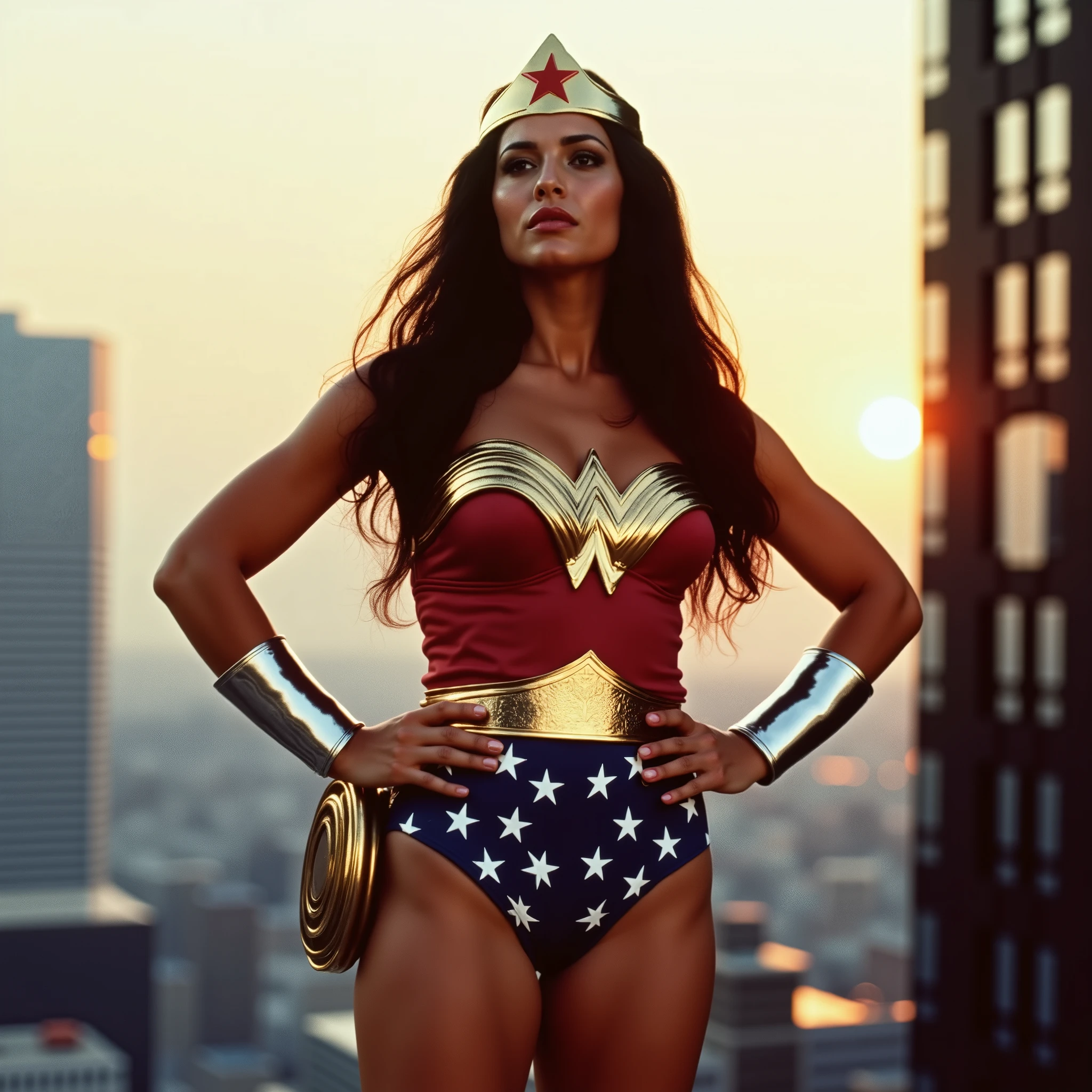 Wonder Woman in her classic 1975 Lynda Carter costume, standing confidently atop a tall city building at sunset. She wears the iconic star-spangled blue shorts, red strapless bustier with golden eagle emblem, and a golden tiara with a red star — all with a slight vintage texture, resembling high-quality fabric and leather under warm sunlight. Her long dark hair flows gently in the wind, and she poses heroically with hands on hips or gazing toward the horizon. The cityscape behind her blurs softly with a cinematic bokeh effect — lights beginning to glow in the dusk. Golden hour ambiance with warm, directional lighting, creating dramatic shadows and a nostalgic atmosphere. Photorealistic details, smooth skin tones, reflective highlights on her metallic accessories. Cinematic realism, slightly grainy film aesthetic, like a movie still from a 70s superhero film reimagined with modern visuals."
--v 5 --ar 21:9 --style cinematic realism --q 2 --bokeh --light golden hour --camera angle low-angle heroic --details photoreal --film grain subtle --lens anamorphic