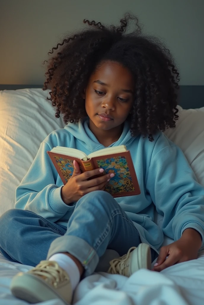 A character in a children's book, Happy seven-year-old girl with wavy hair, (blue hair), in a pink-purple dress and a necklace with a key, She is sitting on the floor with a book in her lap