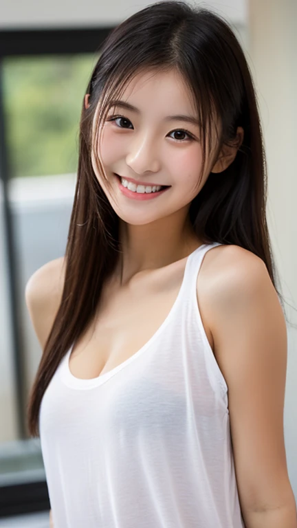 Create an ultra-realistic image of a 21-year-old Japanese woman named Kotone wearing a mini skirt and knee-high socks. She has extremely long, perfectly straight black hair that flows down to her waist, with blunt bangs that cover her forehead. Her eyes are large, enchanting, and have double eyelids with sparkling black pupils, giving them a captivating and youthful appearance. Her face is delicate and innocent, with very thin eyebrows that frame her large, childlike eyes. She has a small mouth with sexy lips, and her skin is smooth and flawless, resembling snow in its pure white color. She has a slender and well-proportioned body with a shapely bust size of 95 cm, a height of 158 cm, a weight of 43 kg, an ideal waist size of 58.46 cm, and an ideal hip size of 86.73 cm. Her complexion is flawless, without any wrinkles, and her natural makeup enhances her features subtly, maintaining a fresh and youthful look. She embodies a perfect balance of youthful charm and mature elegance, with a cute and innocent smile that adds warmth and affection to her appearance.

Kotone should be depicted facing forward, with her body positioned to emphasize her front. Her long black hair should flow naturally over her shoulders, framing her face and upper body. She is wearing a stylish mini skirt paired with knee-high socks and a chic top. Her pose should be confident and relaxed, with her arms gently at her sides or holding a small accessory, such as a handbag or a phone. Her expression should be warm and inviting, with a friendly smile that captures her youthful charm. The lighting should be soft and natural, focusing on her front and emphasizing the smoothness of her skin and the delicacy of her features, creating a sense of depth and realism. The background should be simple and neutral, ensuring that every detail of her appearance and the mini skirt and knee-high socks outfit is highlighted.
