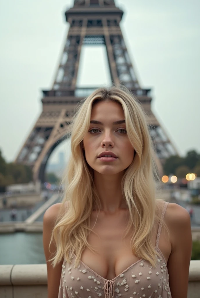 Generate hot blonde in Paris under Eiffel Tower