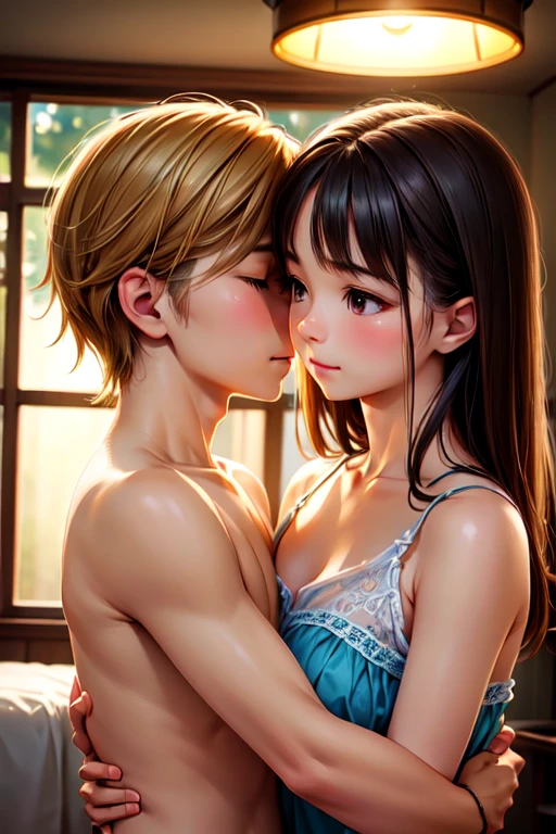 The sunlight shines through the window on the girl's face, and the girl's skin seems to be transparent