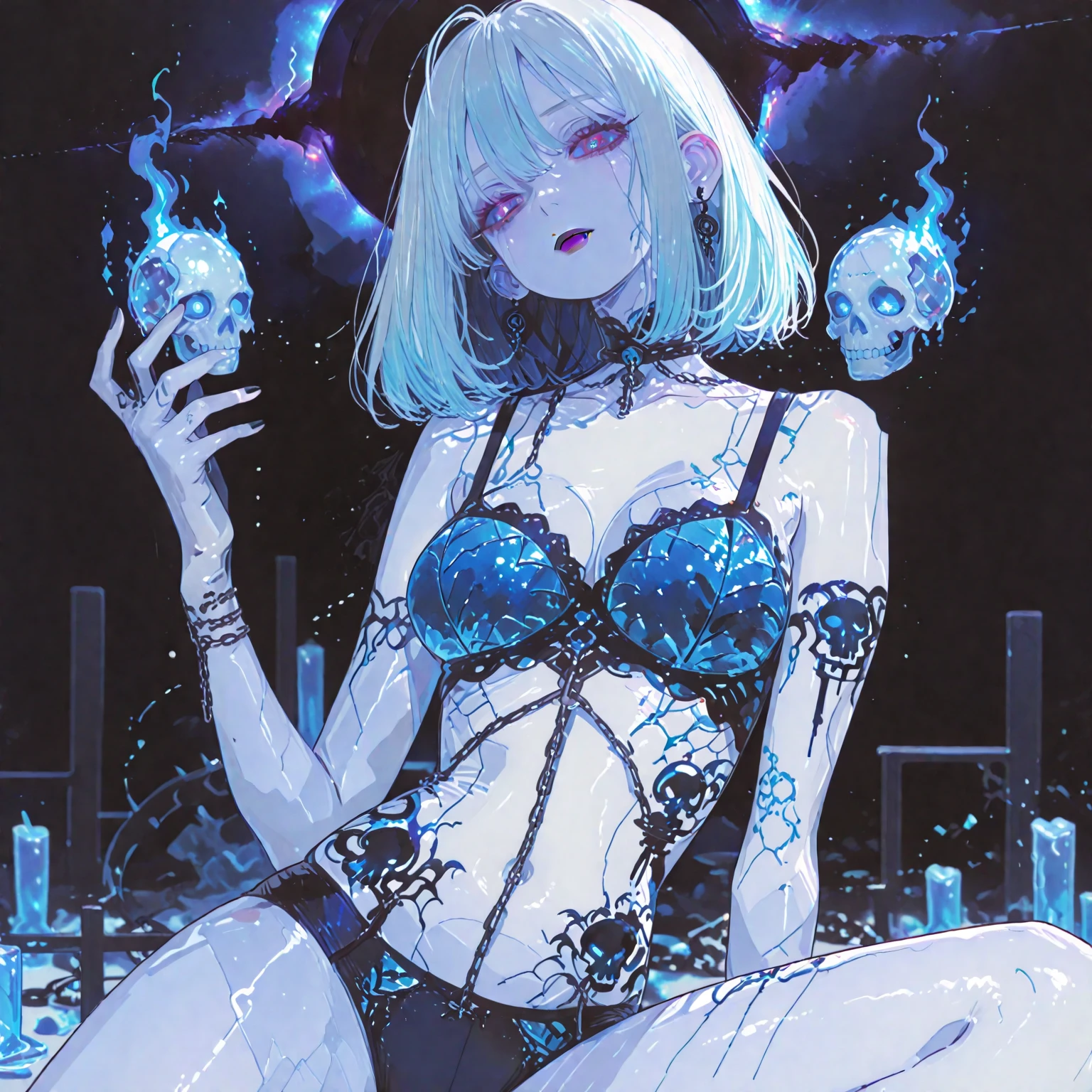 (white background:1.5), 1 girl, mid shot, full body,
<lora:GachaSplashAlter:1>
(((transparent ghost girl's soul comes out of the body))), focus on the face, ((rich in details, sitting gracefully on the crystal skull pile, looking down)), magazine cover, (rich in details), masterpiece, Gothic, (crystal skull decoration, crystal skull pattern), (horrible atmosphere), long eyelashes, large eyes, fine eyes, cyan transparent lips, ((beautiful and delicate face)), shadow, Tindal effect, (Balance and coordination between all things), ((sickly, cruel, evil, lovely)), (glowing blue eyes, particle effects), (delicate crystal skeleton human body, hand bone of crystal skeleton, leg bone of crystal skeleton), bony beauty, ribbon binding, (delicate crystal bone), absurdity, blue flame, plasma, particle effects, crystal clear texture,star_\(sky\), space, 1girl, starry_sky, breasts, planet, blue_eyes, galaxy, solo, short_hair, cleavage, earth_\(planet\),illumination,light,dynamic angle,depth of field,light and shadow,Real light and shadow,diffuse reflection,