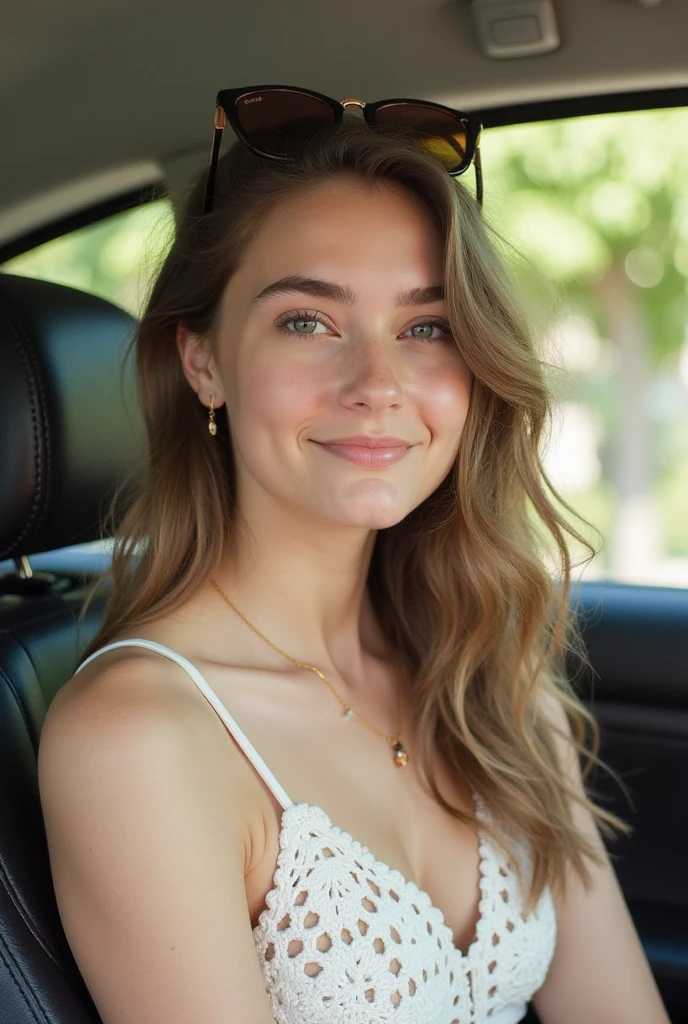 Photographie de 1 superbe fille de 23 ans, type brésilien blanc, cheveux bruns longs ,en France dans un taxi haut de gamme, photo portrait, Souriant, Regarder à huis clos , Éclairage spectaculaire, magnifique, (clivage profond), Séance photo, occidental, meilleur qualité, résolution élevée, Contexte extrêmement détaillé, peau avec pores, éclairage cinématographique Terminé