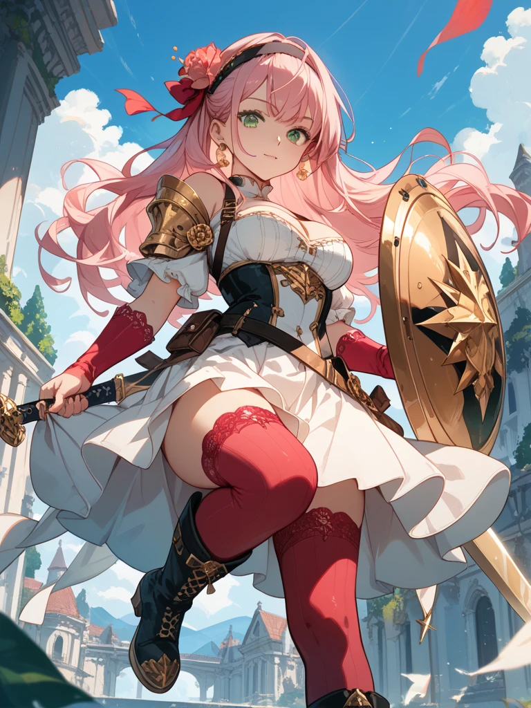((Highest quality)), ((masterpiece)), (detailed), One person, Pink Hair,Twin tails,Dress Armor,Green Eyes,Cane in both hands,Big Breasts,skirt,Thigh,ribbon