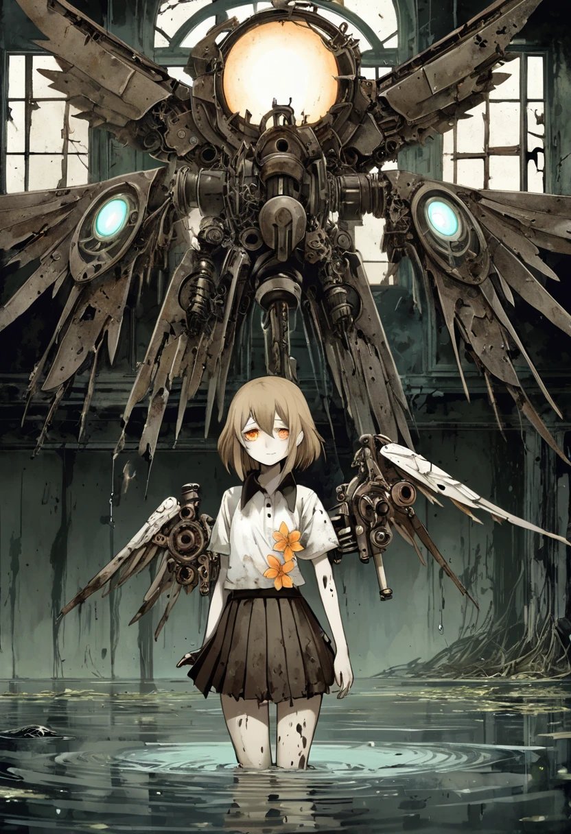 Fantastic fantasy art inspired by Yoshitaka Amano in an abandoned school interior with a dilapidated theme, An anime-style illustration shows high school student character standing in shallow dark water, Her short light brown hair has a pale orange flower clip on the left side, Her eyes are closed and her face smeared with mud holds a sad expression yet she offers a strained smile, She has fair skin and wears a tattered light-colored short-sleeved shirt with a torn dark collar and a ripped lighter-colored pleated skirt, One of her arms has transformed into a large echanical gun, Attached to her back is a massive intricate mechanical wing-like structure, The wings are predominantly white with dark metallic components displaying a dense heavy weapon-like quality, An aura of uncontrollable power represented by glowing orbs embedded in the wing joints emanates from the mechanism, The dark water reflects her form, The background features the decaying interior of a school