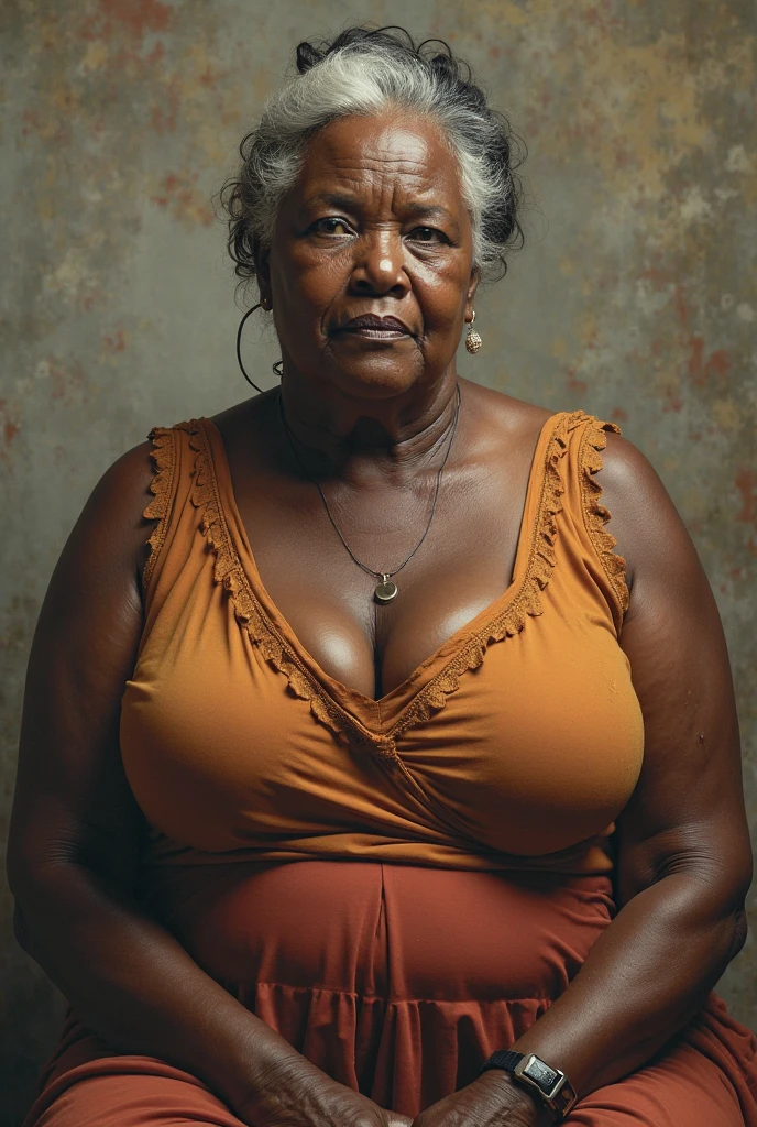 Gerar imagem completa e de corpo inteiro de uma mulher de 60 anos afro brasileira usando óculos de grau em pé completely naked em um beco de uma favela obscura e degradante em uma noite quente, completely naked, with an image capturing the sensual mature beauty and her large, saggy breasts and natural voluptuous body, showing her sensual body and making an obscene pose.