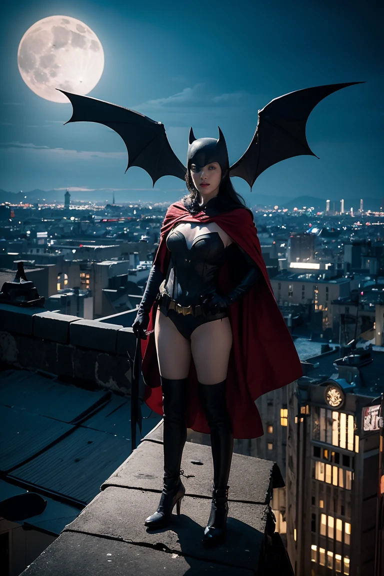 ultra detailed, a solo beautiful asian girl, big tits, sexy ripped batman outfit, black slime, detailed, pretty, (dark city background), (night sky), black ripped corset detailed dress, (masterpiece), (good anatomy), ( spiderman venom mask), black hood, ((her clothes are burning in spots and her breasts are visible)), high heels, detailed head, ((venom))