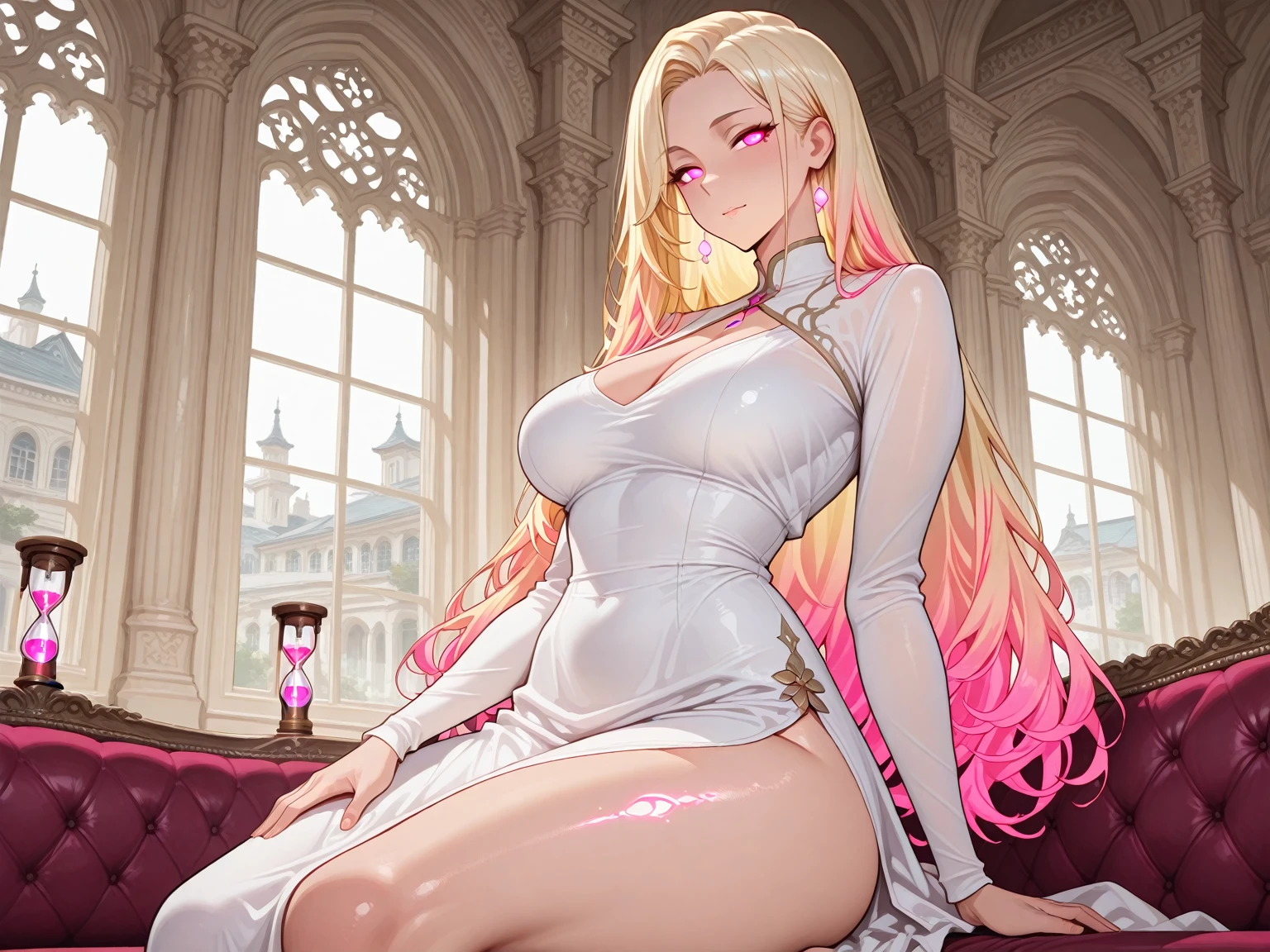 Score_9, score_8_up, score_7_up, score_6_up, source_anime, rating:general, 1girl, slutty_clothes,  hina_\(blue_archive\), silver hair, horns, halo, parted bangs, long hair, makeup, bodycon, microdress, waist cutout, miniskirt, pink latex dress, shiny dress, fishnet elbow gloves,, jewelry, smirk, looking down