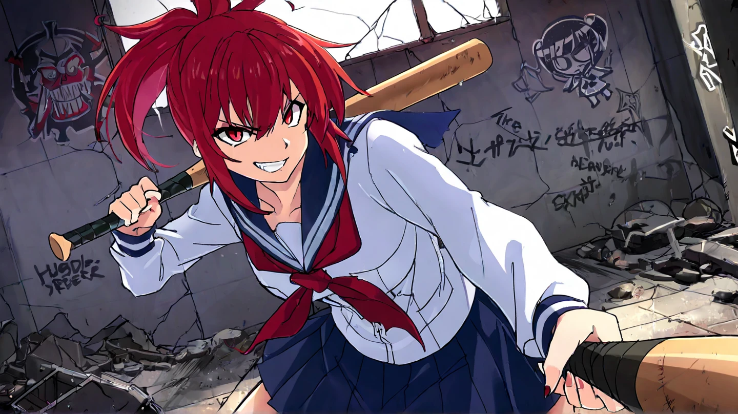 Anime-style art, masterpiece, full HD, highly detailed. A group of armed high school girls in Japanese sailor suits, embodying rebellion and raw power. Dramatic lighting enhances the intense atmosphere.
Centered in the scene, a striking red-haired Asian girl grips a baseball bat wrapped in nails, her defiant expression radiating intimidation. Surrounding her, two loyal henchwomen stand ready: one with brass knuckles, the other gripping a wooden slat with a wicked grin. Their school uniforms contrast with their dangerous aura.
The backdrop is an abandoned schoolyard with traces of conflict—graffiti-covered walls, broken windows, and a desolate court. The air is thick with tension, as if a confrontation is about to erupt.

