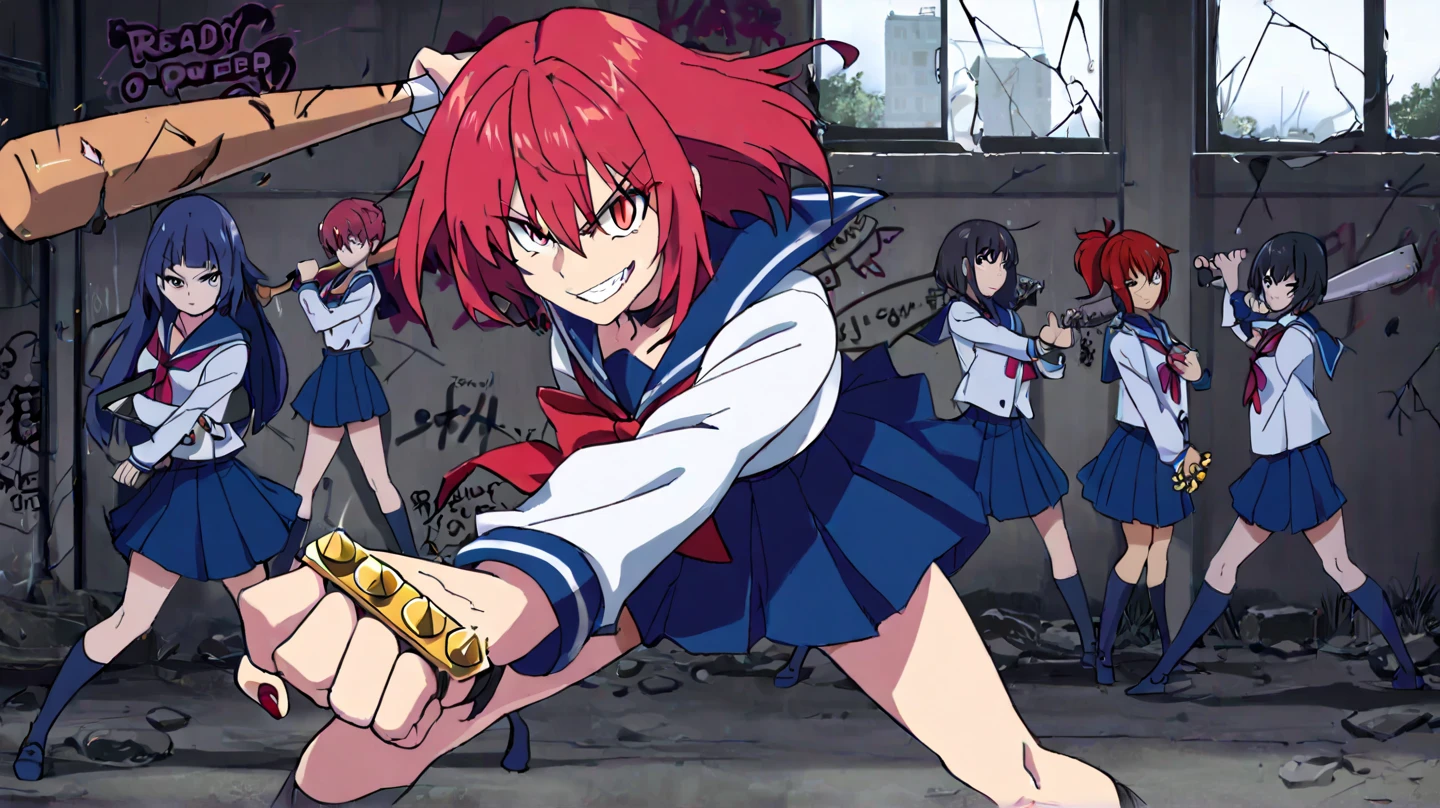 Anime-style art, masterpiece, full HD, highly detailed. A group of armed high school girls in Japanese sailor suits, embodying rebellion and raw power. Dramatic lighting enhances the intense atmosphere.
Centered in the scene, a striking red-haired Asian girl grips a baseball bat wrapped in nails, her defiant expression radiating intimidation. Surrounding her, two loyal henchwomen stand ready: one with brass knuckles, the other gripping a wooden slat with a wicked grin. Their school uniforms contrast with their dangerous aura.
The backdrop is an abandoned schoolyard with traces of conflict—graffiti-covered walls, broken windows, and a desolate court. The air is thick with tension, as if a confrontation is about to erupt.
