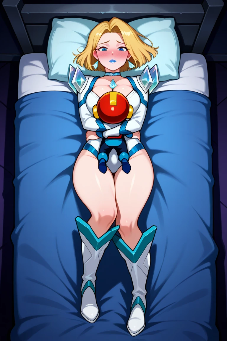 tia yellow eyes, blonde hair, short hair, blue ribbon, large breasts, detached sleeves, bedroom background, royal bedroom, tiara, laying down on bed, red cape, yellow bikini, high heels, hands on hips. red tattoo on belly, full body female milf