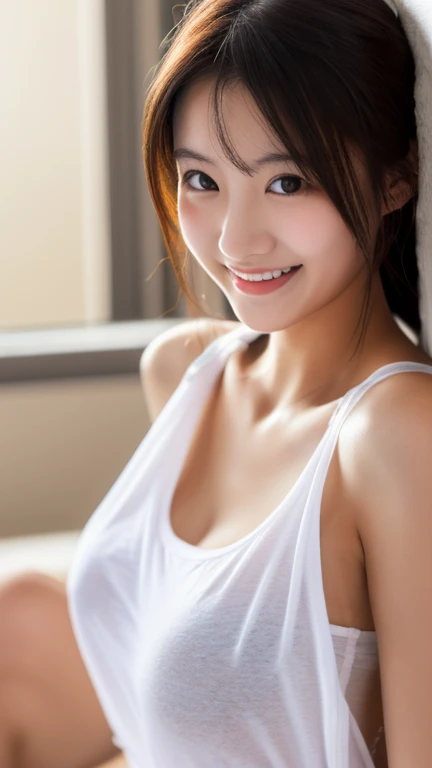 girl Beautiful shiny black hair dreamy big eyes gentle smile smooth soft skin delicate and perfect clavicle attractive lips Get on all fours on the bed sexy white underwear plump and soft breasts professional lighting look at the camera professional photographer highest quality best image quality