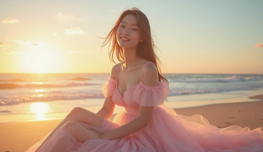 sea background, with pink would be with long wavy hair and light brown，crown on head，full body photo，Pink dress, pink sea，sun on background