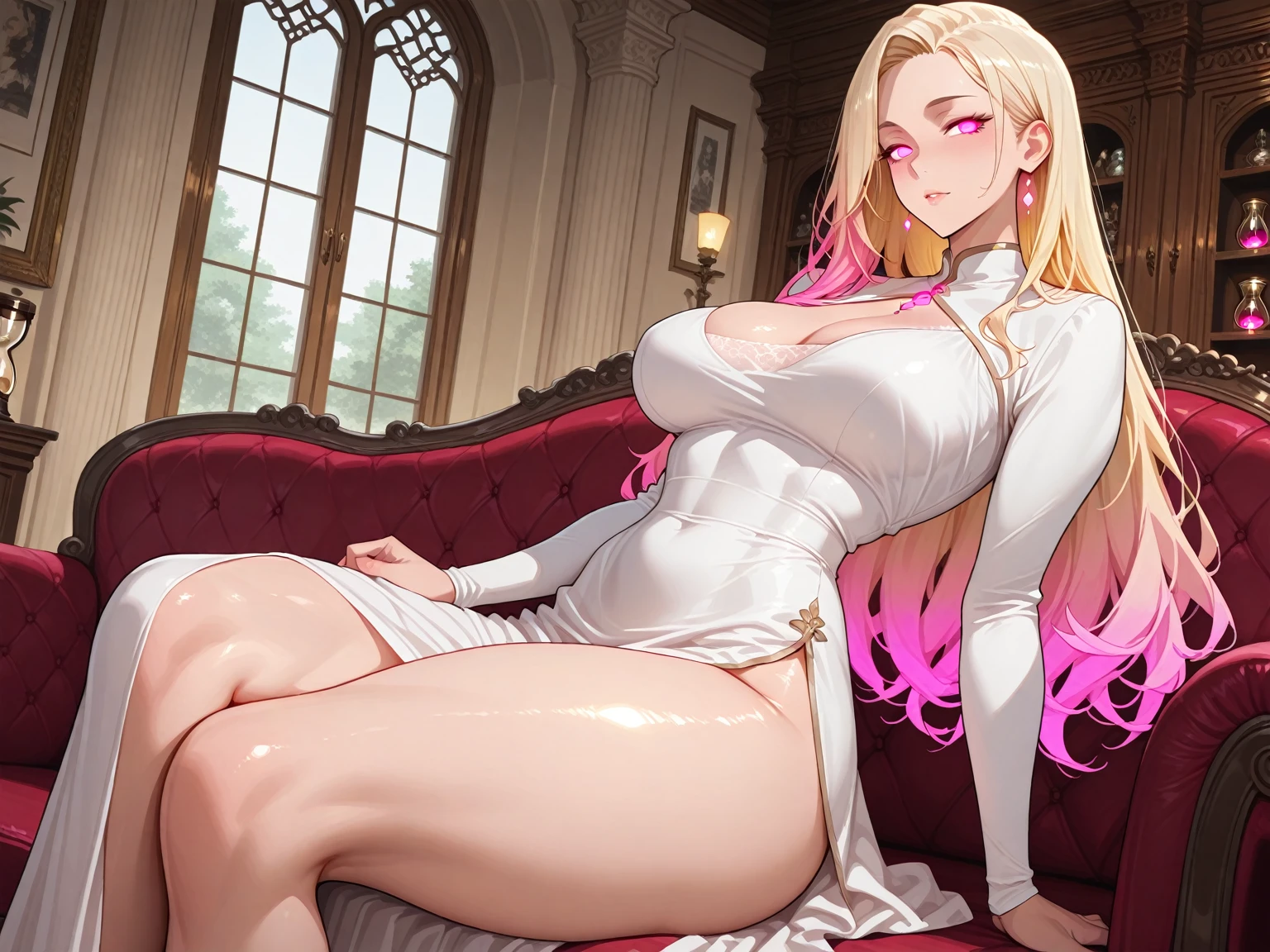 sensual, long blonde hair, thick thighs, 8K, 4K, highest quality, High resolution:1.2), cute anime face, noise reduction, shining blue eyes, gentle smile, Gentle eyes、(((Full body nude)))、toned abdominal muscles, muscular arms, muscular legs, young face, anime eyes, (((big breasts、Breasts that are about to burst、emphasize the breasts)))、(((sit on the sofa)))