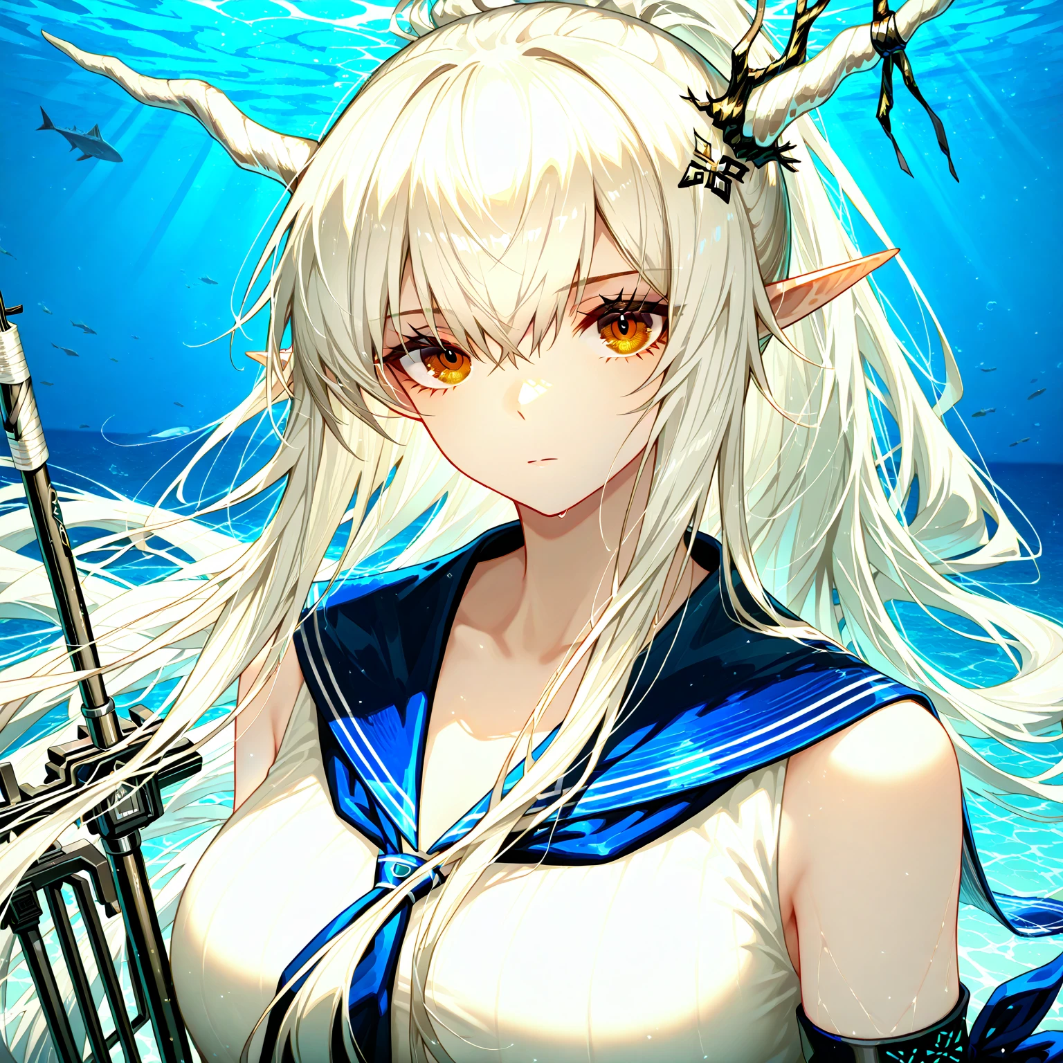 best quality, masterpiece, highres, solo, {shining_arknights:1.15}, horns, long_hair, bangs, hair_between_eyes, pointy_ears, breasts, white_hair, upper_body, large_breasts, ponytail, very_long_hair, brown_eyes, 1girl, bare_shoulders, black_one-piece_swimsuit, looking_at_viewer, official_alternate_costume, parted_lips, swimsuit, blonde_hair, one-piece_swimsuit, red_eyes
