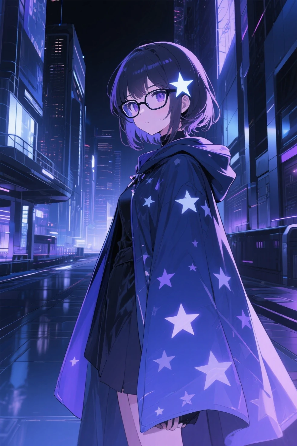 <lora:sumireko_touhou:0.7> 1girl, sumireko_touhou, cape, black hat, brown eyes, night city, city lights, masterpiece, best quality