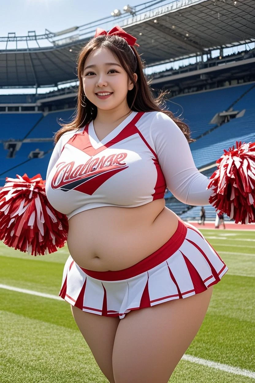 masterpiece,ultra detailed,sharp focus,(tareme:1.3),droopy eyes,curvy adult body,(red cheerleading costume with pleated skirt:1.1),having chebr pompom,logo,gigantic breasts,black eyelashes,cute face,black straight hair,at bedroom,japanese idol,armpit hair,thick thighs,smile,squatting