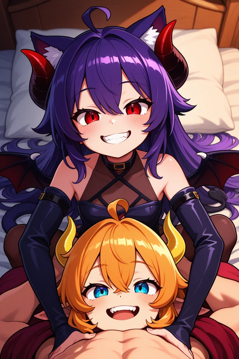 Details、ultra-detailliert、masterpiece、top-quality、Beautiful fece、A detailed eye、 (3 women:1.4)、Three Succubus(symmetrical succubus wings)、(triplets:1.2)、(Night time)、、(bow ribbon:1.1)、(Two-side-up)neck tie、bra very、耳环、()、Shady face、(dark backgrounds)、malicious smile、Bruises and ugly facial features、Young features、(、long-sleeve、(fluffy sleeves fluffy hair、(Open your mouth and laugh)、、l、Chiquita、Colossal tits、Colossal tits、(Put your hand on your face)、、Ruffled uniforms、hair clips、(Ridicule:1.1)、looking-down、Angle from behind、respected by women、(upward looking gaze:1.2)、超Colossal tits、(hearts symbol:1.5)、(Mass of heart:1.5)、(Heart Effect:1.5)、(heart mark:1.5)、demon tail、Devil's Tail、Succubus、(超Colossal tits:1.3)、Colossal tits、(Tattoo of the heart:1.dare、Devil's Tail、Boob Matching ,Girl Sandwich face sandwich(confused and blushing、Small Girl、kawaii facepose your ahegao) Bury your face in cleavage top and bottom sandwich Sullen expression Women's bed I'm lying down Complete capture by turning your hands behind your back image of customs