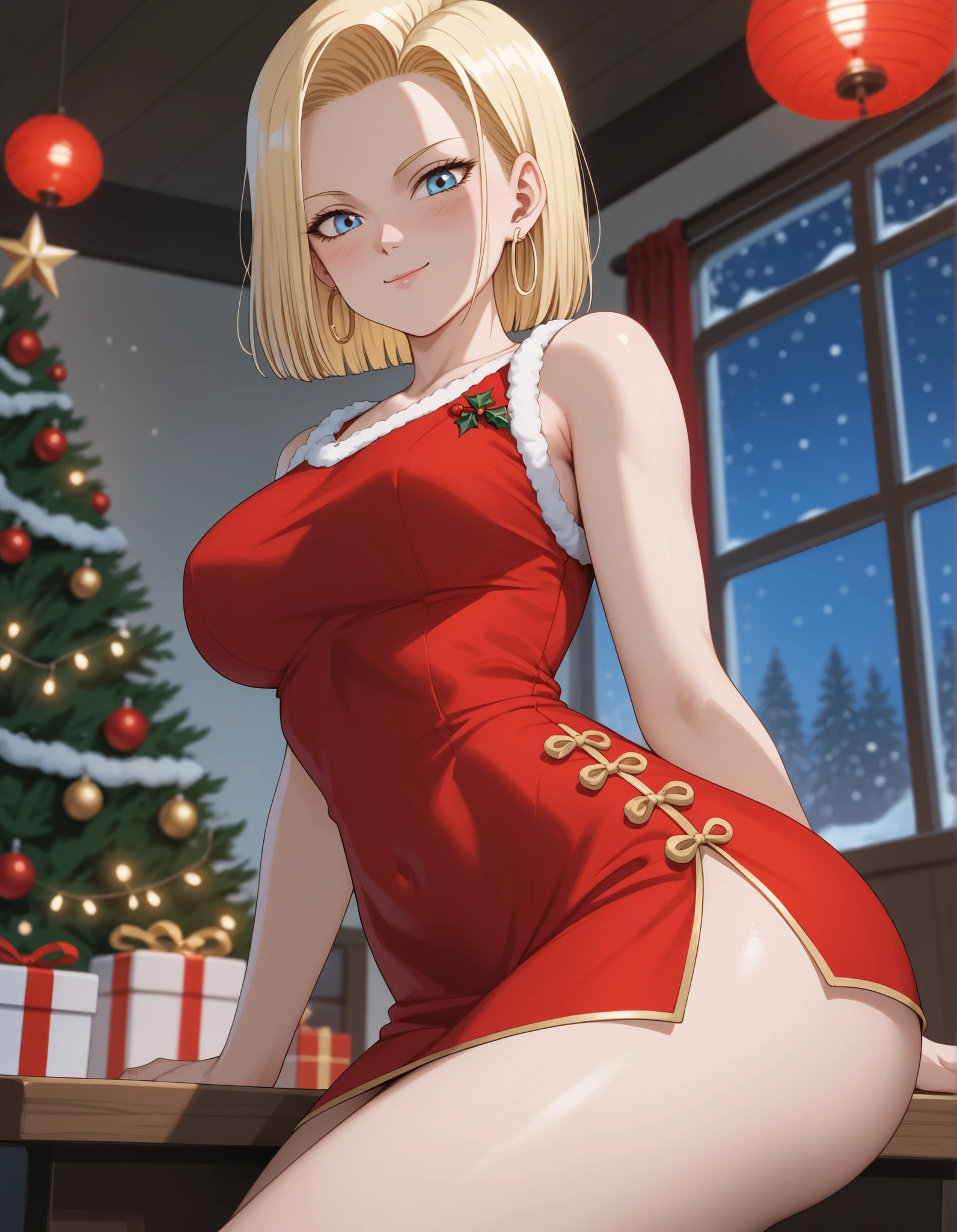 score_9, score_8_up, score_7_up, rating_safe, 1girl, solo, Pixel_Art, Fate/Zero, Saber, blue eyes, yellow hair, short hair, side bangs, revealing clothes, big breasts, visible breasts, topless, hot sexy outfit, xmas outfit , clavicle, backless, cross halter, necklace, loose sleeves, bracelet, bare shoulders, navel, split hip, hand on bed, looking at viewer, simple background, beach background with blue sky, heart background, blush, painful face, mouth, half closed eyes, nude, ecchi, big ass, hentai, porn, arched, cumshot on tits, seen from the floor, seen from 'below, seen under her breasts, close-up of her breasts, cowgirl sex position