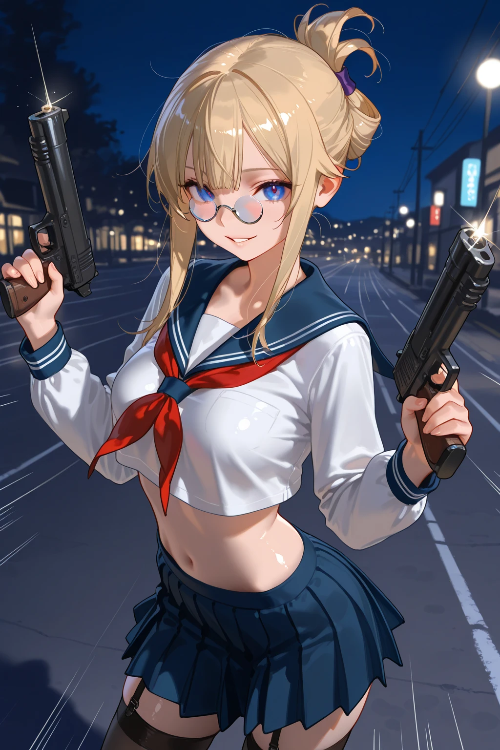 from front, dramatic battole action scene、Dynamic Angles、at night、A screen full of Sweet pea、(Outdoor:1.4, beautiful waterfront:1.2), Beautiful、 Skinny、 A unanimous masterpiece、Top quality、State of the art resolution、dramatic shadows、A fully calculated light source、1girl, crop top serafuku, stockings, medium softy breasts, shiny gold hair, updo, long sidelock, blue eyes, vibrant eyes, (small pince-nez:1.4), shyly, parted lips, smile:0.7, A greedy facial expression、(skirt lift:0.8), armed with guns and swords, blissful pleasure, aim a gun, (action motion effects line:1.3)