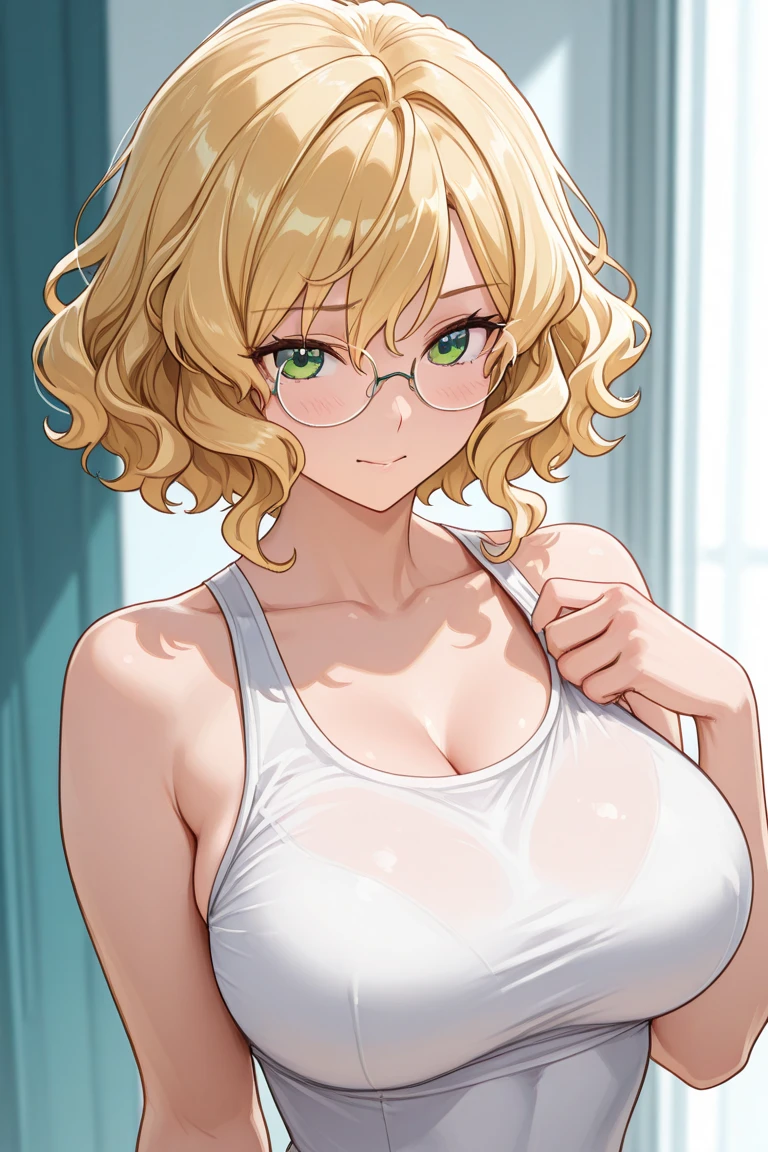beautiful tall woman, beautiful face, from center, pov, medium bob cut blonde hair, light blue eyes, two points glasses, medium breasts, wear towel, white long pleats skirt, feratio, lustful smiling with breath, my room, pastel 2d art, matte painting, anime, masterpiece