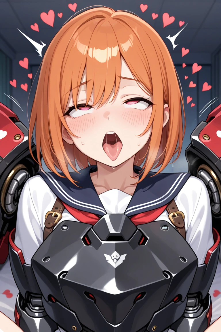 High school girl, high school girl wearing mechanical armor, body covered in mechanical armor, high school girl whose skin is not visible because of the mechanical armor, moaning, lots of hearts, obscene sounds, mechanical sounds, school uniform on top of armor, ahegao、Character portrait