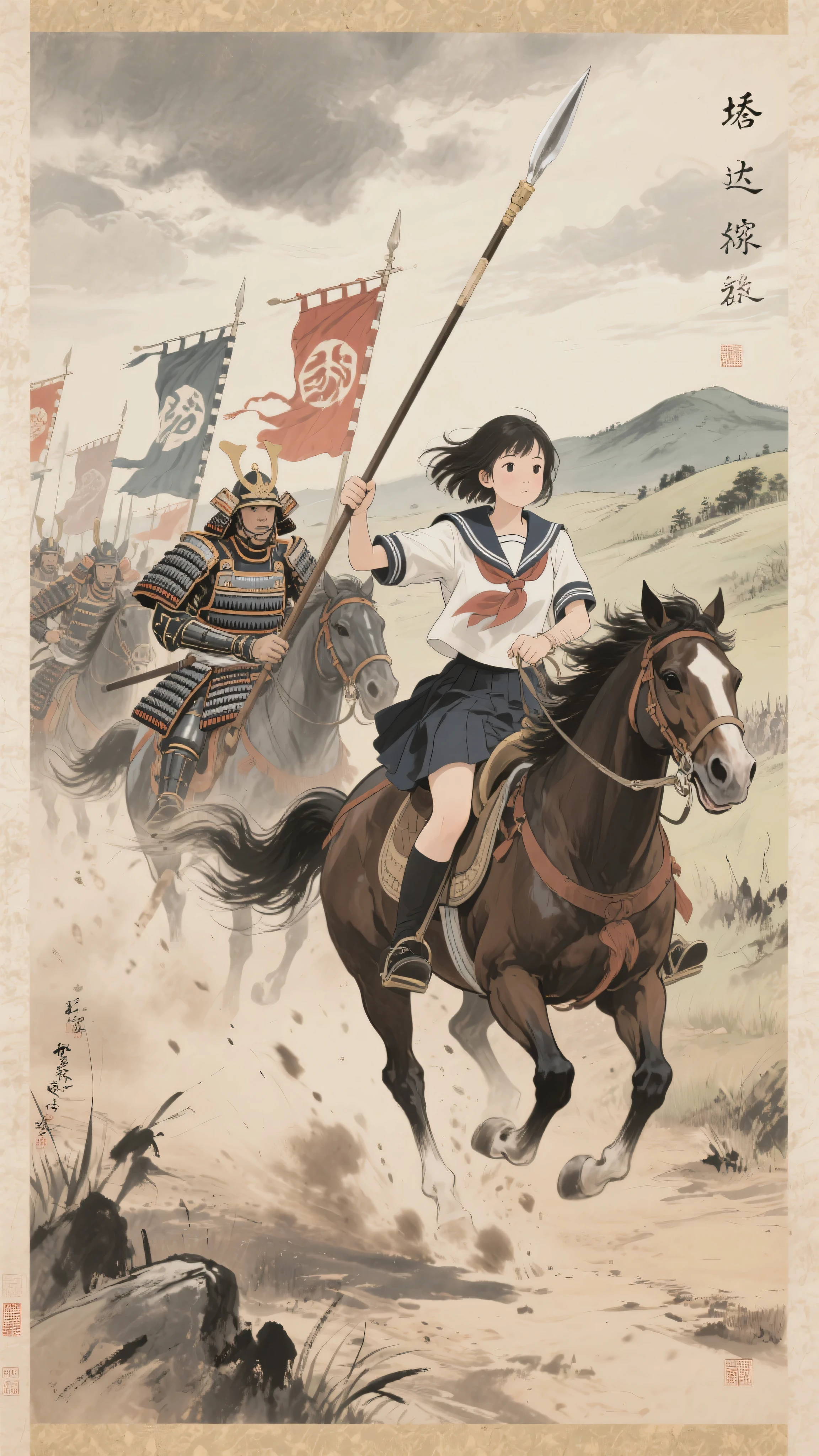 japanese emakimono painting style, traditional ink and color on silk, horizontal scroll composition, Sengoku period cavalry charge, all mounted Takeda cavalry with fluttering banners bearing the kanji "風林火山", dust clouds swirling under galloping horses, modern Japanese schoolgirl in sailor uniform partially armored with traditional samurai gear, riding among them on horseback, clutching a yari spear, hair and ribbons flowing in the wind, old parchment texture, stylized dynamic brushstrokes, ink outlines and delicate muted color palette, background of stormy sky and distant ridges, intense forward motion and rhythmic composition, powerful contrast between her modern school uniform and the historical setting, solemn and heroic war scroll atmosphere, no modern elements aside from the girl's presence



























































