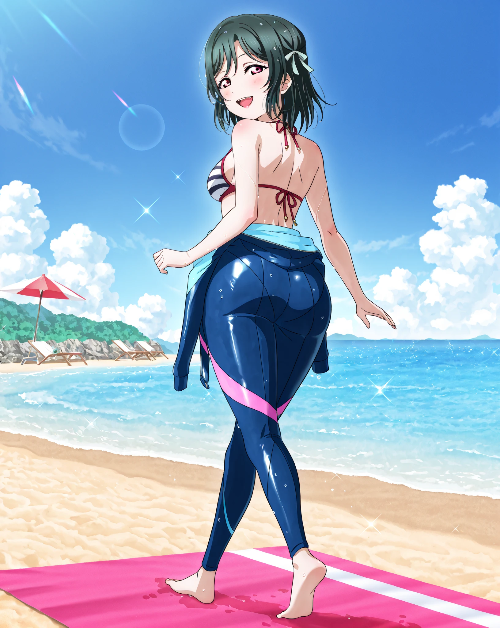 (masterpiece), best quality, expressive eyes, perfect face, One-piece swimsuit, Looking at viewer, Pull, Rainbow Ponytail hair, Vibrant, A Tall Woman, Beach, Thigh Highs