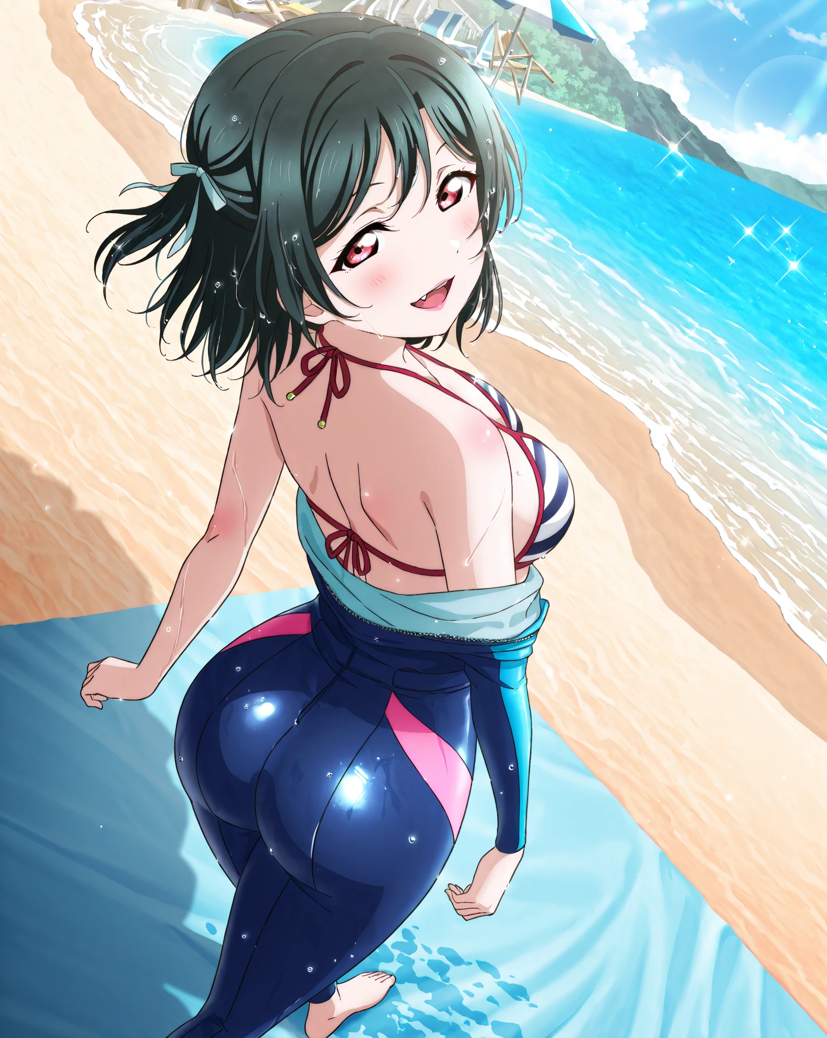 Erisa, 1girl, solo, long hair, looking at viewer, black hair, bandaid on face, yellow eyes, animal ears, smile, bandaid on nose, braid, cat ears, bandaid, bangs, breasts, fake animal ears, simple background, fang, bare shoulders, scar, bare shoulders, closed mouth, hair over one eye, portrait, hair over shoulder, legs, seductive, bathing suit, 2 piece swimsuit, beach, realistic, highly detailed face, detailed eyes, best quality, masterpiece, ultra detail, ultra high res, extreme detail, 8k, uhd, voluptuous, curvy, thick thighs, milf, butt, ass, round ass, from behind, holding up butt,
