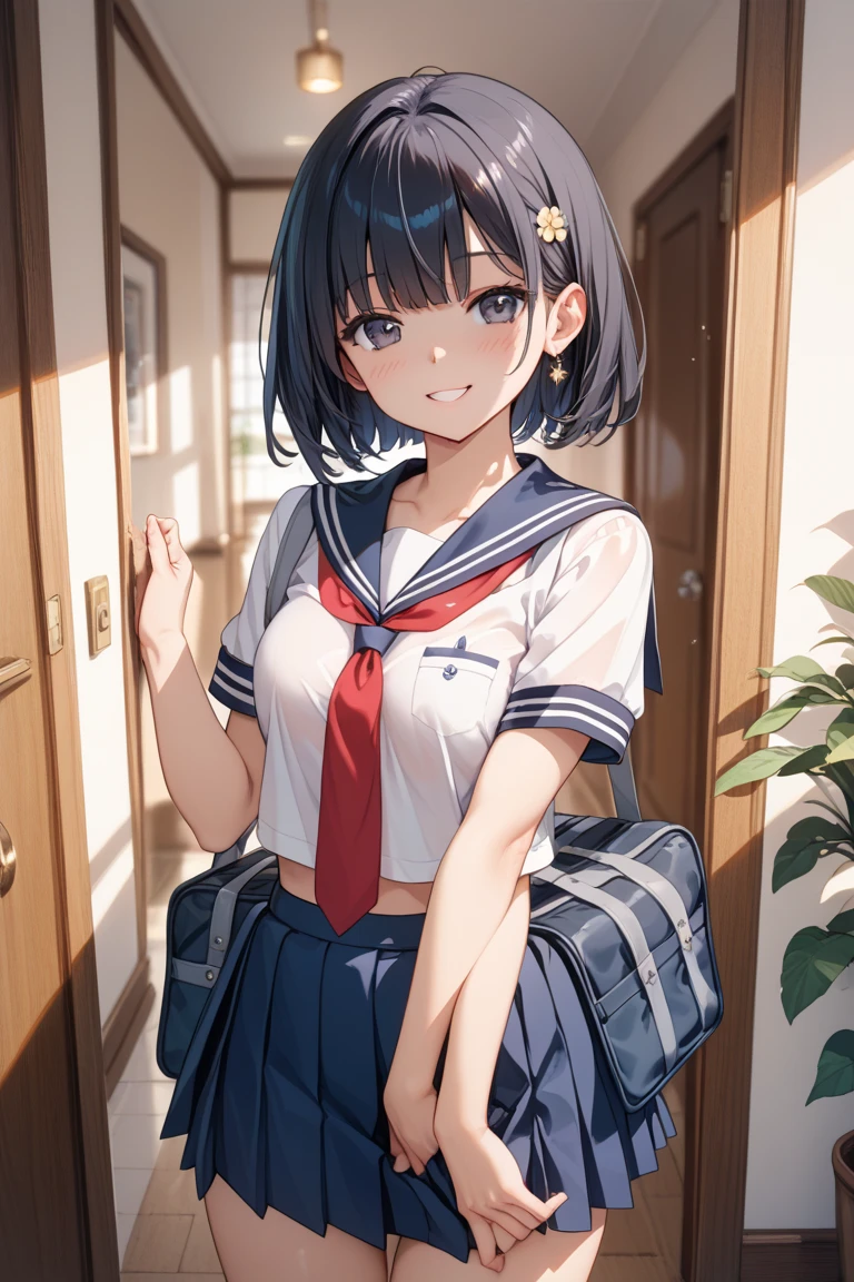 (pija pianissimo), 1girl, blush, smile, cowboy shot, dynamic angle, arms behind back, small breasts, looking_at_viewer, school_uniform, shirt, skirt, <hypernet:pija-23200:1>