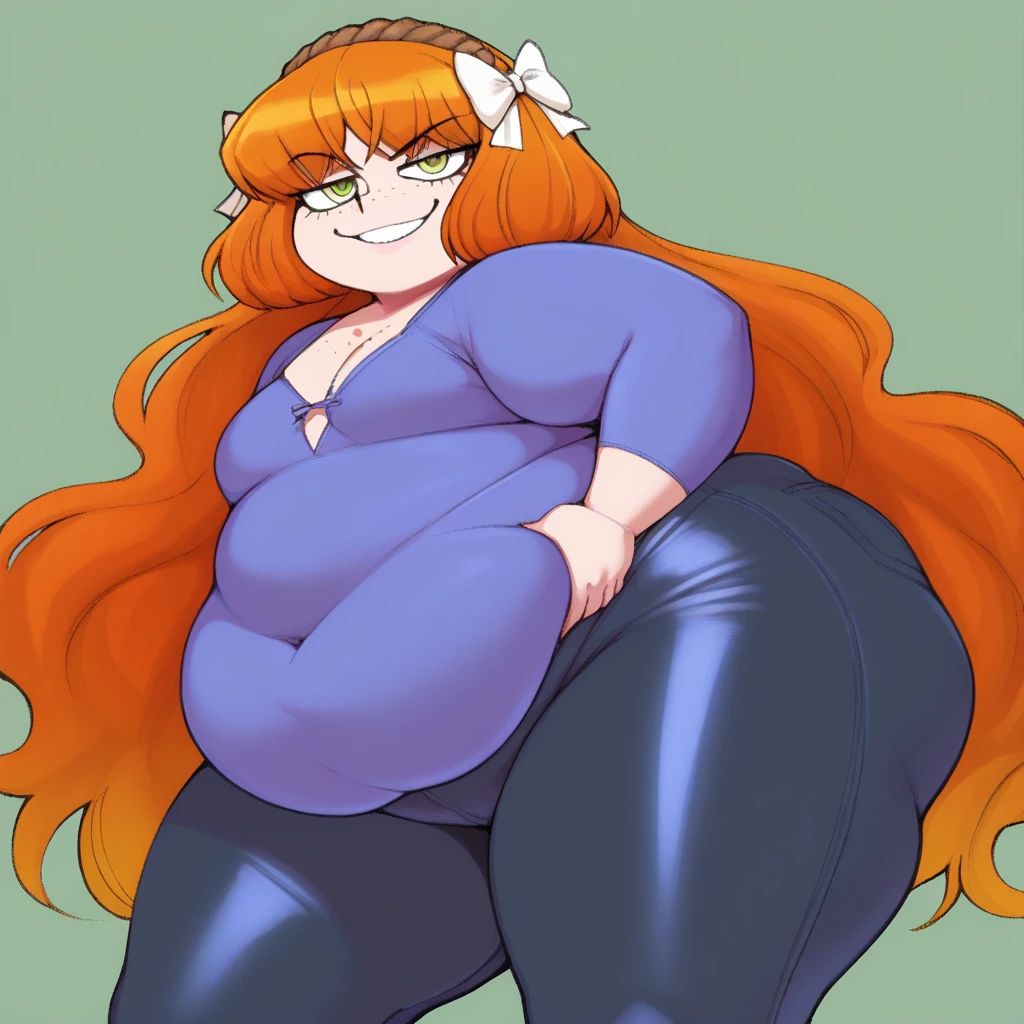 Your beautiful gorgeous sexy curvy tomboy girlfriend wearing a crop top and booty shorts,solo, blushing, grinning, accidentally cute pose, she knows you’re trying to make her fatter, she loves you, heavy chubby belly, wide hips, large round heavy breasts, long red hair, beautiful blue eyes, small tight revealing clothes,