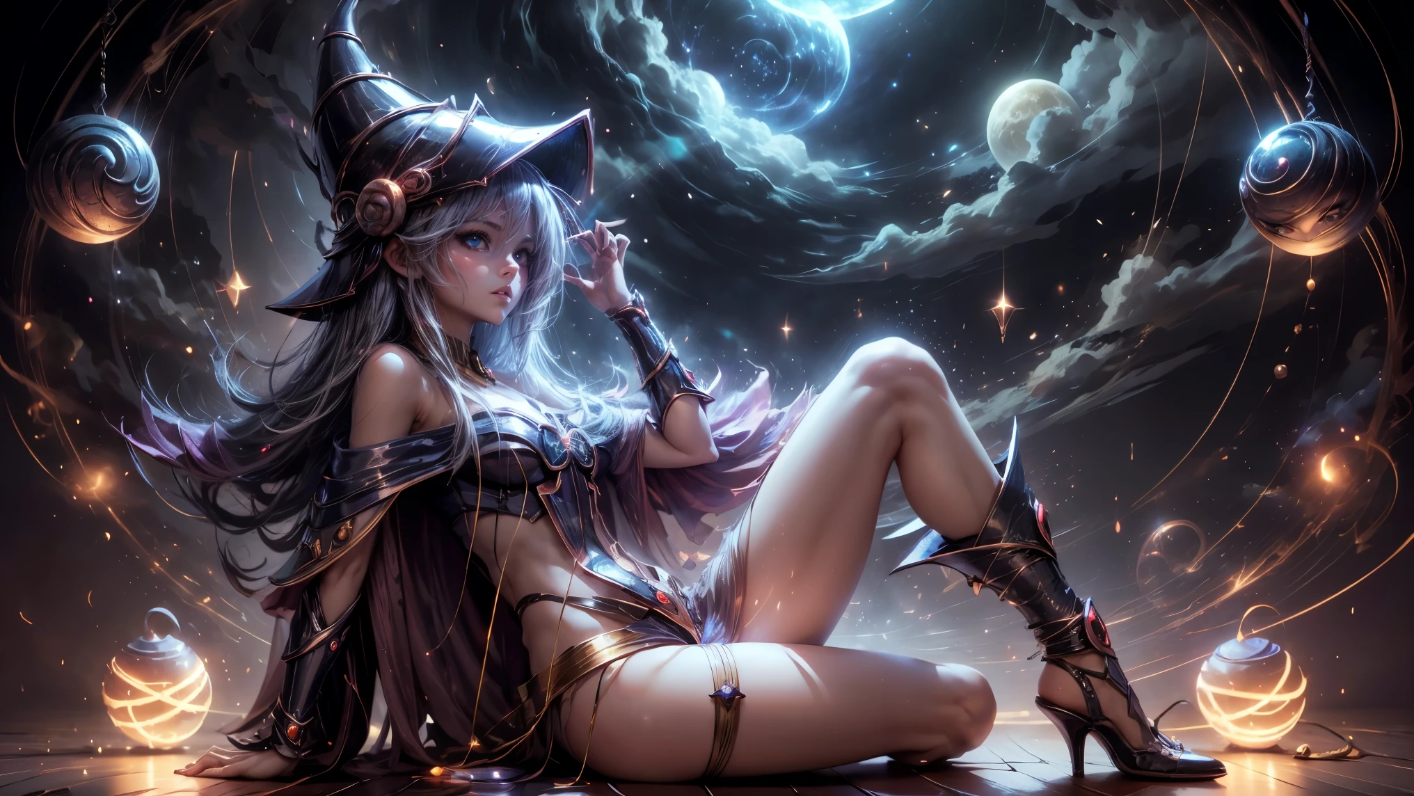 1girl (Solo), bob hair with bangs, black hair, breasts, small size, golden eyes, tanned skin, serious face, nude, full body, sitting, lot of cum on sex, night, white moon, medieval castle, mountain behind, very sexy body, detailed face, highly detailed, 8k, best quality, masterpiece, vibrant colors, digital art, concept art