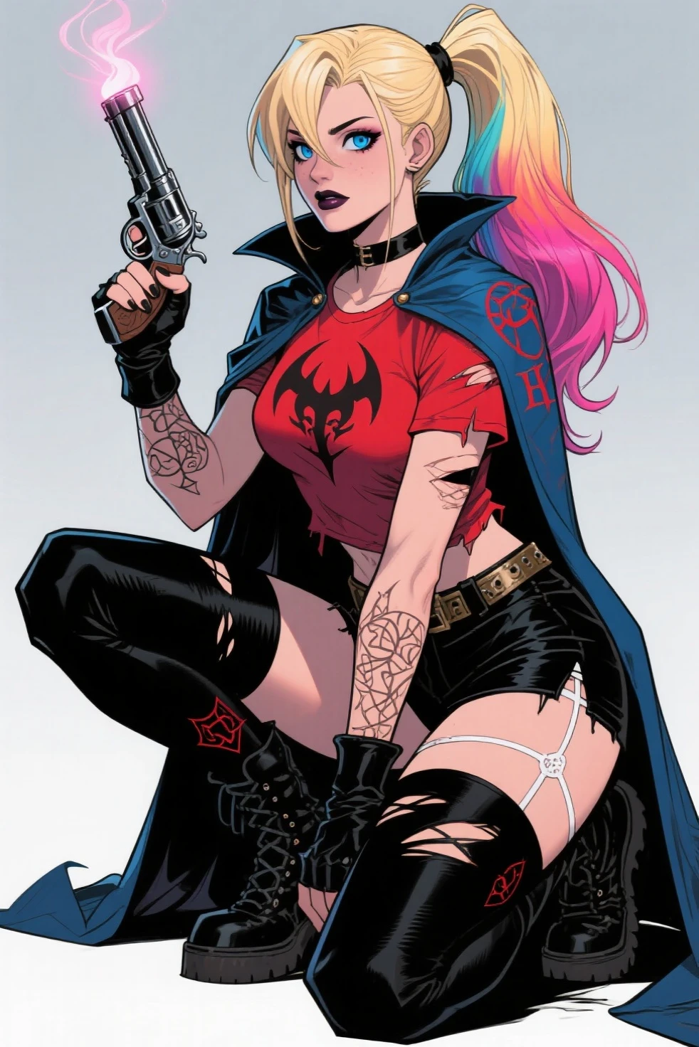 (Best quality at best,tmasterpiece),1girll,Blue hair blonde,White color hair,Brown hair,red tinted hair(emo girl,a puncture:1.3),fishnets stockings,Ultra shorts,Belly exposure,There are complex tattoos on the lower abdomen,long whitr hair,the night,street corner,Exposed long-sleeved thick coat,Slim figure,Slim figure,the night,a darkness street,Garbage all over the ground,Condoms that are used in large quantities,Lots of damaged sex toys,No man's street,Dirty streets,Bust,Fine eyes,Super detailed face,Bust,Sit or squat or lie down or stand