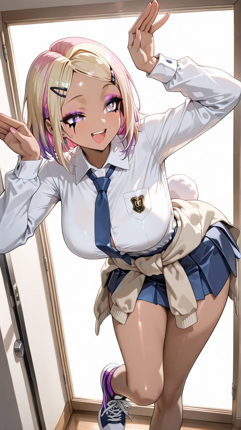 1female, kawaii, solo, school, blonde ponytail, eyes dark blue eyes, sexy, ((short skirt, white panties, cameltoe, open legs)), sitting, blonde hair, BREAK, bangles, necklaces, earrings, loafers, (nipples, big tits, slender), (nsfw:1.2), at classroom,
