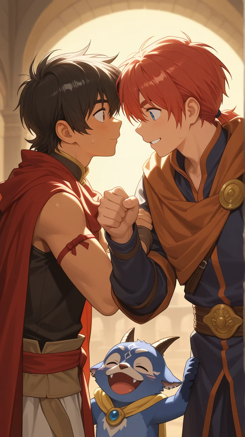 A very muscular man, with short red hair, blue eyes, shirtless and wearing blue cotton pants, crying, holding in his arms a dead woman with long brown hair and medieval clothing with a leather vest, with a green mini cape, in the location of a burning forest, at night, anime version