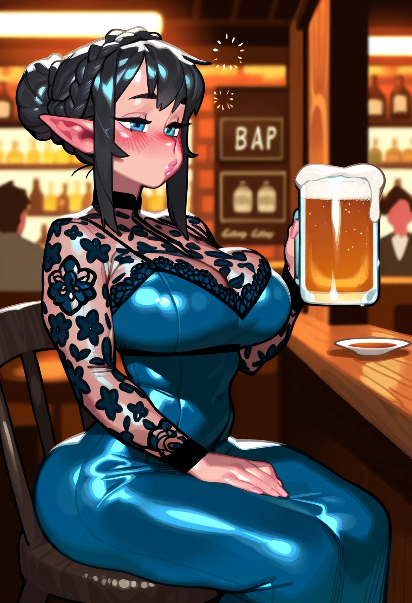 ((Perfect human body)),One girl, Red eyes, Wavy silver hair, Pointed Ears, vampire, Drooping eyes,Police uniform,blush,Surprise expression,Striped Bikini,Mobile Task Force Heavy Equipment,Big Breasts,Hair Flowers,whole body,Character portrait,bulge in the crotch,Holding a cocktail glass,Pool,futanari,pussy juice,erection