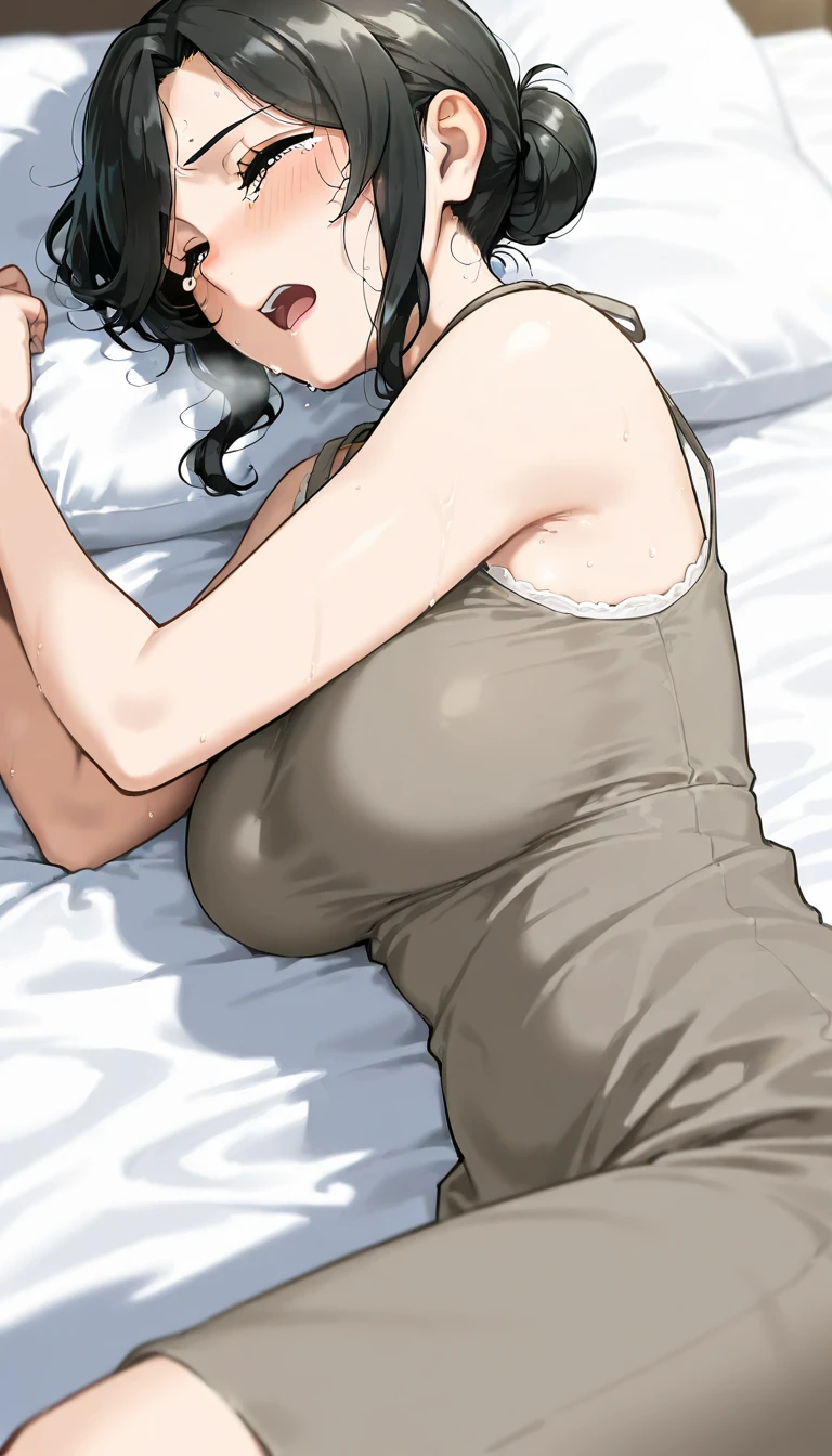 ((32 year old adult tripping woman))、Black sexy underwear、((Lie on your back with your crotch wide open))、(Eyes look up to the limit)、(Open your mouth wide to the maximum)、(Heavy drooling)、(Liquid dripping on the lower body)、Long head of black hair,On the bed in the room、((Adult casual clothes in beige color、Vibrator on lower body))