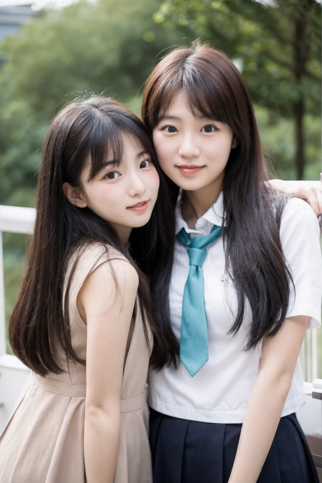 Japanese high school girls with straight black hair and high school students. A picture that looks like a photograph.。

The uniform is a white shirt。

The skirt is checkered in light blue, navy blue, and gray.。

The length of the skirt is shorter than above the knee, the hair is about waist length, the bangs are neatly trimmed and cover the eyebrows, like Nogizaka 46, seen from the right diagonal, height 180cm。 Model-like. Both of their faces are visible, so it&#39;s almost like a photograph.