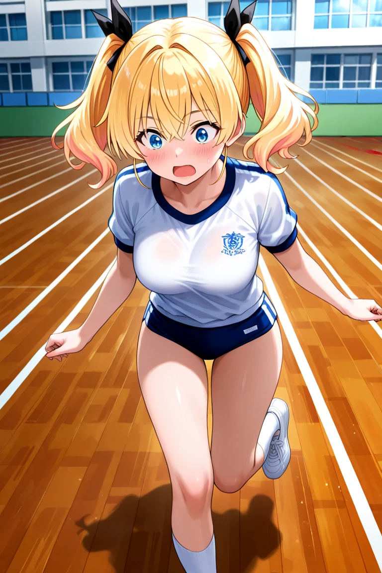 Asuna, Anime art style, 1 Girl, alone,Big Breasts、High leg competitive swimsuit、classroom、Sweat all over the body、Side Ponytail、Stick your butt out、look back、On all fours、Cum on ass